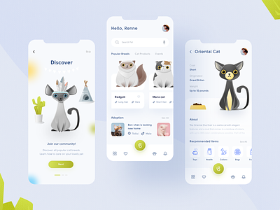 Pet app concept bright cat clean clean ui cute fresh mobile mobile app pet ui ux