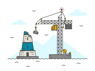 Lighthouse Under Construction adobe illustrator birds blue building crane illustration lighthouse under construction vector waves