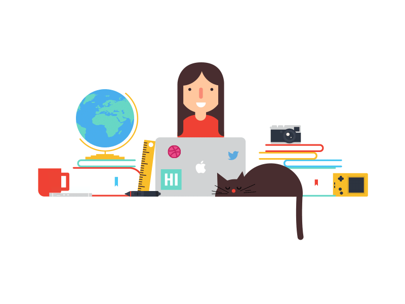Me and my workspace books cat character design gif illustration imac iphone loop planet vector workspace