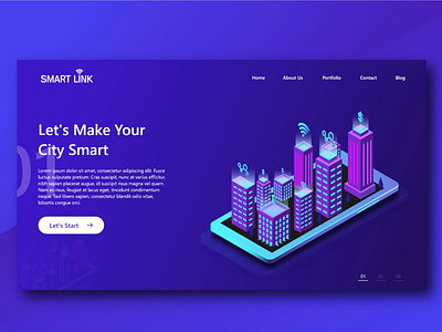 Landing page with a smart city isometric design concept blue building color dark illustration isometric landing page smart city ui