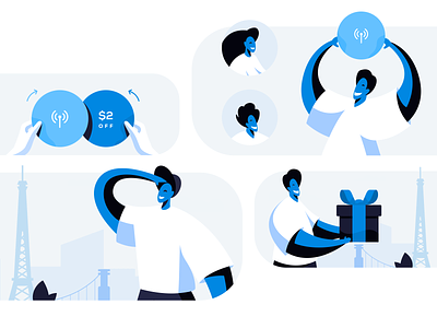 Set of illustrations blue blue and white character exchange gift give giveaway illustration illustrator look looking people promo promotion promotional referral searching set share vector
