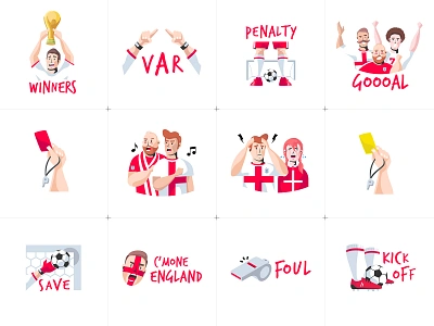 Football Stickers Set ball bounce card england football goal illustration message penalty red soccer sport sticker sticker design sticker pack sticker set stickers vector winner world cup