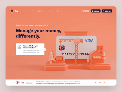 Flo Digital Bank Marketing Website 3D Concept 3d animation bank blender gateway header hero illustration homepage illustration interaction landing page payment ui uidesign web website