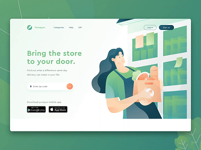 Yursayur - Food and Grocery Delivery Landing Animation adobe xd auto animate character illustration delivery service food green grocery header header page hero illustration illustration landing page principle ui uidesign uiux web website