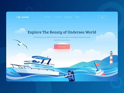 Marina - Scuba Diving and Eco Travel Booking Website blue character header hero illustration illustration landing page ocean ui uidesign uiux web website