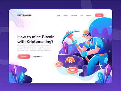 Kriptomaning - Cyprtomining Header Illustration Concept blue character crypto exchange crypto wallet cryptocurrency flat design flat illustration header hero illustration homepage illustration landing page purple ui uidesign uiux vector web website