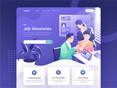 Jobster - Search Millions of Jobs Online Website Concept adobe illustrator business characters collaboration flat header hero illustration homepage illustration jobs landing page people purple ui uidesign uiux vector web website