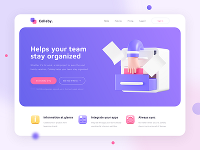 Collaby - Project Management Tool Website Exploration 3d blender design hero illustration homepage illustration landing page purple ui uidesign uiux web website