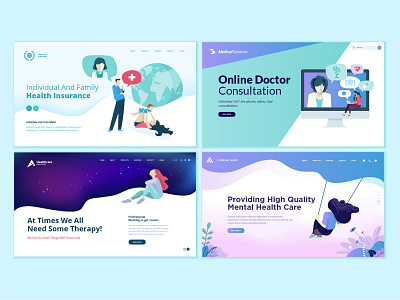 Set of web page design templates for medicine and health care abstract benner concept design flat health care homepage icon illustration interface landing layout medicine object people technology templete vector web website