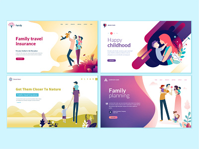 Set of web page design templates for family activities abstract concept family flat health care homepage icon illustration interface landing layout logo nature people technology template travel vector web website