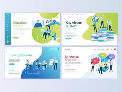 Set of web page design templates for education book course e learning education flat icon illustration interface internet layout logo people school technology template training vector video tutorial web website