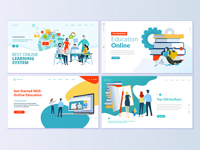 Set of web page design templates for education book course e learning education flat icon illustration internet layout logo people school social media technology template training vector video tutorial web website