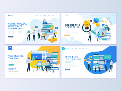 Set of web page design templates for education book business course e learning education flat icon illustration interface internet layout logo people technology template training university vector web website