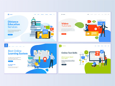 Set of web page design templates for online education book course e learning education flat icon illustration interface internet layout logo people school technology template training vector video tutorial web website