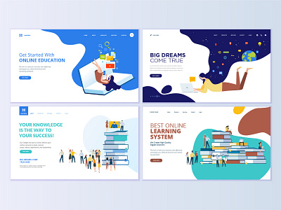 Set of web page design templates for online education book course e learning education flat icon illustration interface internet layout logo people school technology template training vector video tutorial web website