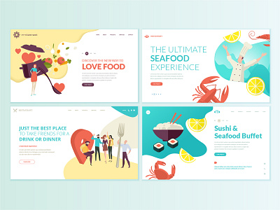 Set of web page design templates for food and drink abstract banner drink flat food fruit icon illustration interface layout logo organic restaurant seafood sushi template vector vegetable web website