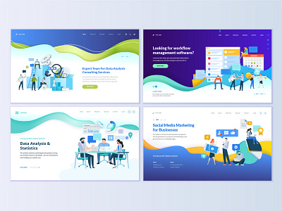 Set of web page design templates for business apps abstract app business company concept data flat icon illustration interface layout logo marketing people social media technology template vector web web site