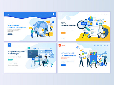 Set of web page design templates for SEO and web development abstract app business concept development flat icon illustration interface layout logo mobile optimization people seo technology template vector web web site