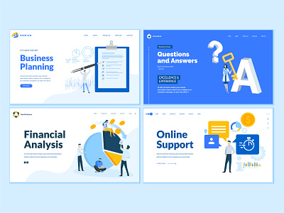 Set of Business Web Page Design Templates analysis answer app banking business communication faq finance icon illustration page people planning question support technology template vector web website