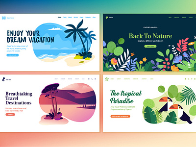 Set of Flat Design Web Page Templates advertising banner beach flat holiday illustration landscape layout nature people sea season social summer template travel vector web website