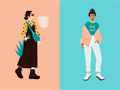 Woman charcters in trendy clothes adobe illustrator app cartoon character flat illustration sketch style ui vector