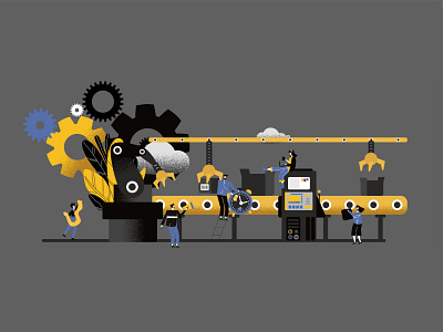 A production line with workers adobe illustrator app cartoon character flat illustration line art ux vector