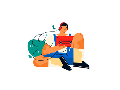Man with a record player listens to music adobe illustrator cartoon cassette character design flat headphones illustration line art music notes record player style