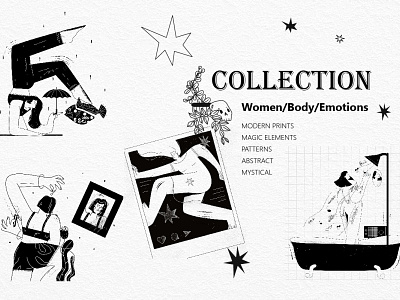 Black and White illustrations collection adobe illustrator body character emotions female feminism flat illustration line art vector