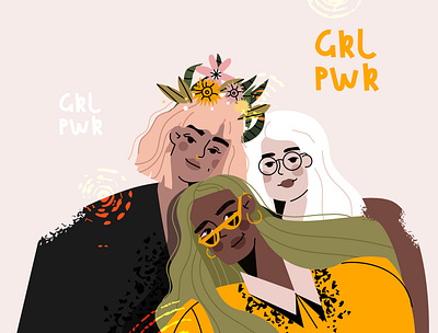 Cute girls adobe illustrator cartoon character design feminism flat illustration line art ui vector