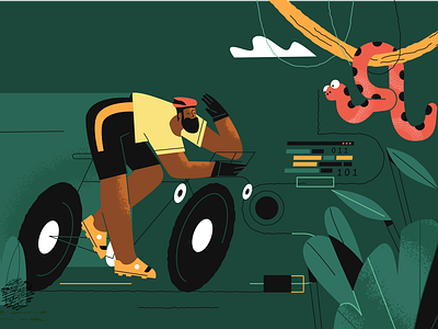 A whirlwind tour or Python adobe illustrator bike biker character colorful design flat illustration line art programming python tour ui vector