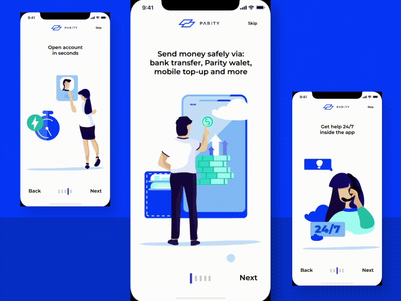 Onboarding exploration for Financial app adobe illustrator after affects an exquisite beast animation blue character financial app on boarding onboarding animated uiux