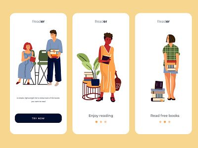 Reading Mobile app adobe illustrator app books character characterdesign flat flat design line art onboarding reading sketch