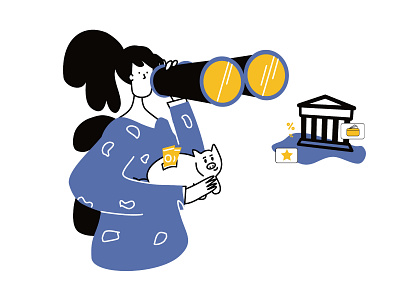 Woman choosing between bank and piggybank adobe illustrator app character design flat illustration line art ui