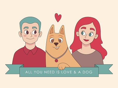 All you need is love & a dog ♥ character character design couple design dog dog shelter flat flat illustration happy illustration illustrator love lovely postcard design vector