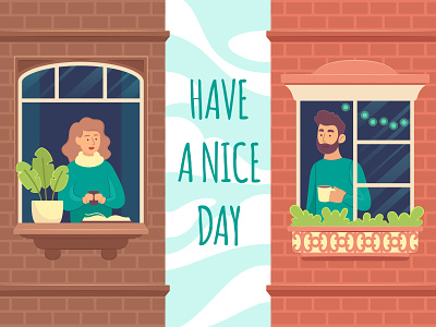 Have a nice day! card cartoon character character design couple design flat flat illustration house illustration illustrator neighbors vector web windows