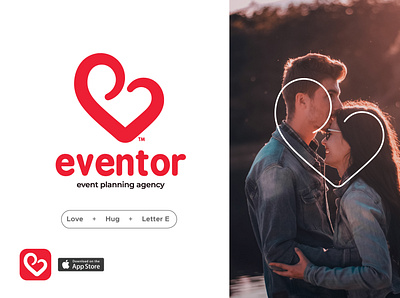 Eventor identity app art direction branding event app heart hug icon illustrator letter logo love lovely minimal red ui ux valentine warm web