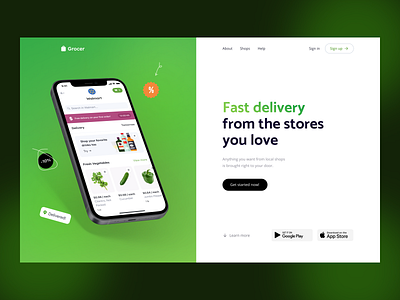 Grocer | Food delivery services apple application branding food delivery free green heroscreen home identity ios marketplace mobile app mockup product design sale ui ux design vegan visual design