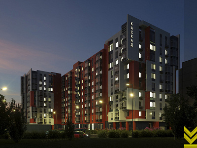 Visualization multi-storey building night exterior night octane render