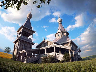 Wooden church in russian style: render 1 3d church visual