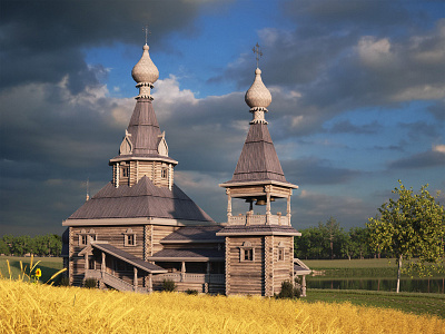 Wooden church in russian style: render 23 3d church render