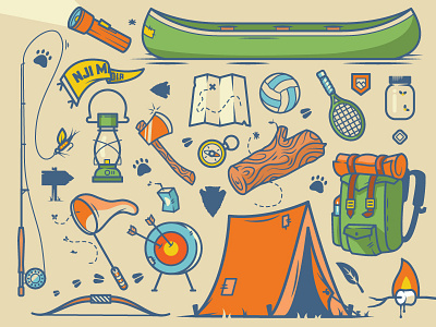 Summer Camp butterfly camp canoe fishing fly hatchet illustration kids line net summer tent