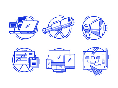 Presentation Icons chart graph icons illustration laptop map megaphone planning responsive telescope