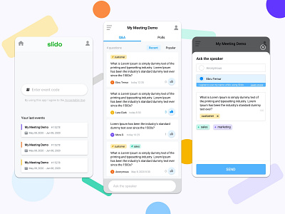 Slido Redesign Interfaces anonymous button cards clean code comment design event label like button meeting mobile online popup program question tabs tags team ui