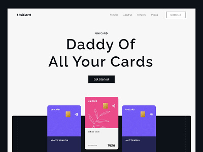 UniCard - A Unified Card Adobe XD Landing Page Template banking concept credit card debit card hero landing page payment gateway payment method uiux web design