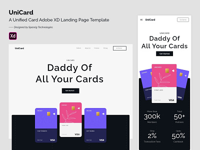 Unicard - A Unified Card Adobe XD Landing Page Template adobe xd card concept credit card debit card landing page unicard