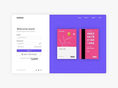 Unicard - A Unified Card Exploration Login Page banking concept credit card debit card design exploration login login page singup ui uiux web design