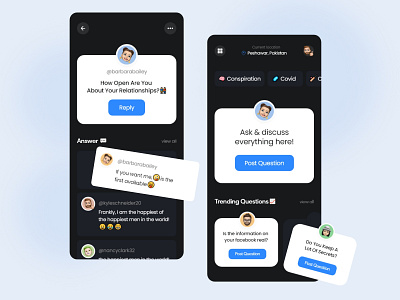 Social App Design 🎨 answers app branding cards community dark dark mode ios media mobile mobile app questions quiz social social app social community startup