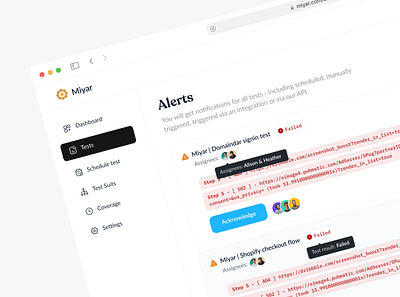 Miyar | Test Alerts 🚫 alerts assignees automating avatar danger dashboard error error message failed github test test failed user profile warning