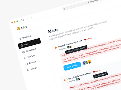 Miyar | Test Alerts 🚫 alerts assignees automating avatar danger dashboard error error message failed github test test failed user profile warning