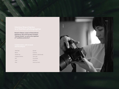 Website design for photographer Marina Shevchenko - Main & About about page animation clean design dribbble fashion main page minimal photographer photographer website portfolio portfolio site ui user experience user interface ux website